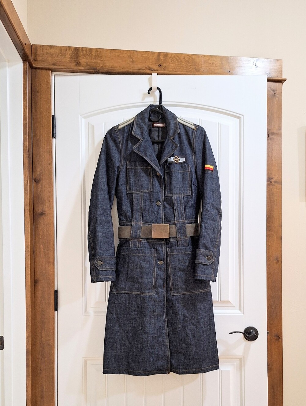 Vintage "PLEASE" Italian Denim Military Utility Quilted Trench Coat Dress M